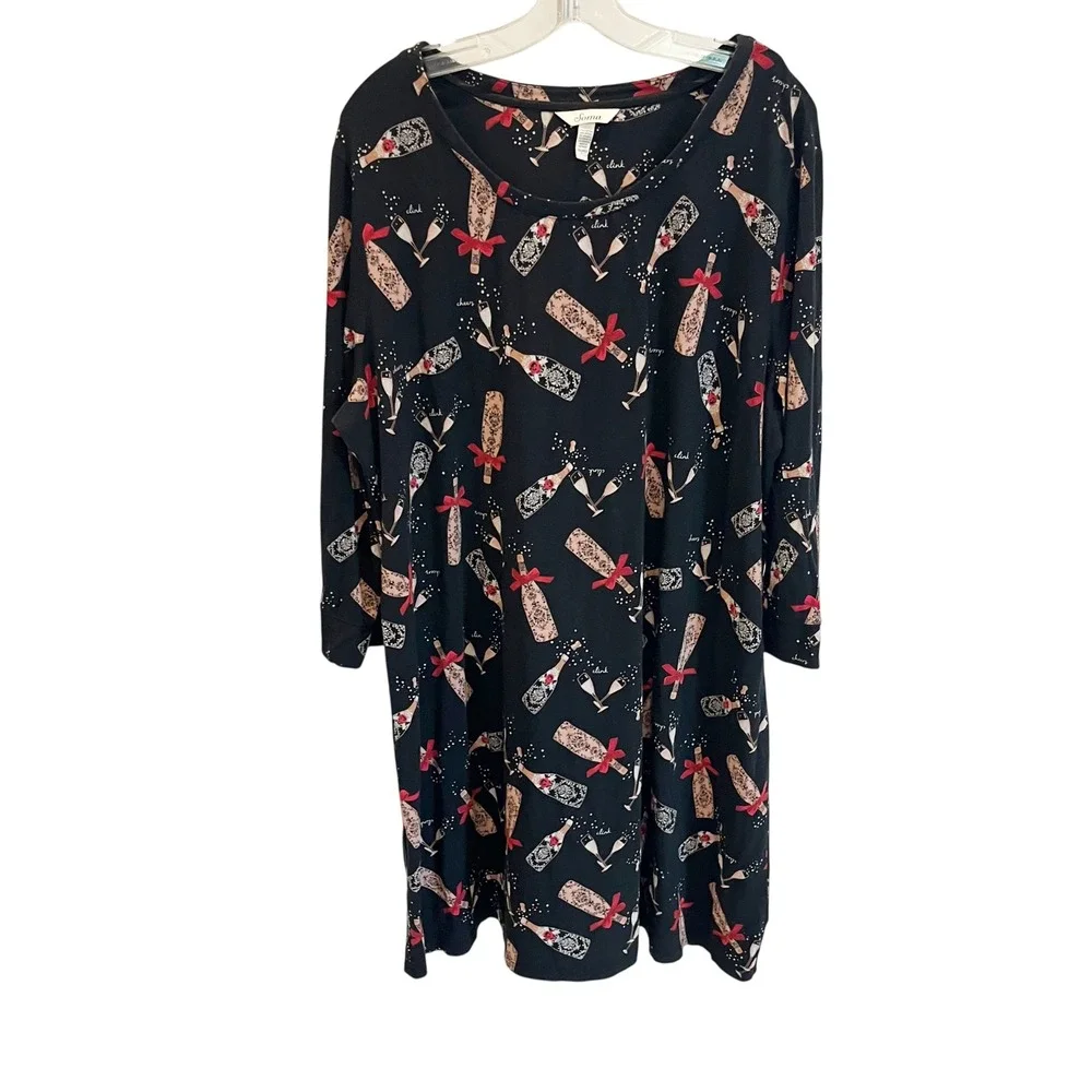Soma Champagne Bow Print Sleep Dress Nightgown Black XXL 3/4 Sleeve Cotton Modal